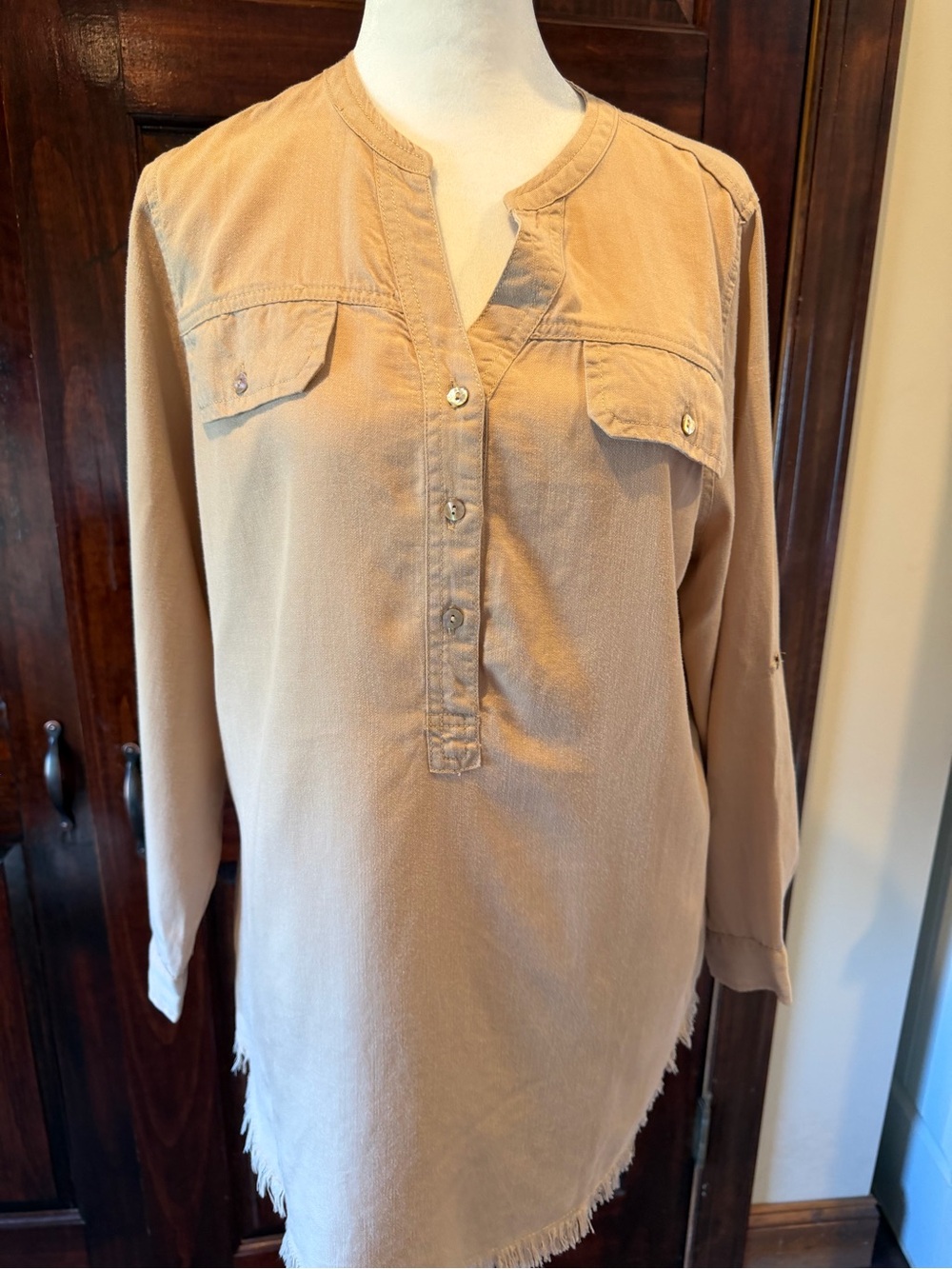 Hester and Orchard Casual Button-Front Tunic Shirt in Tan